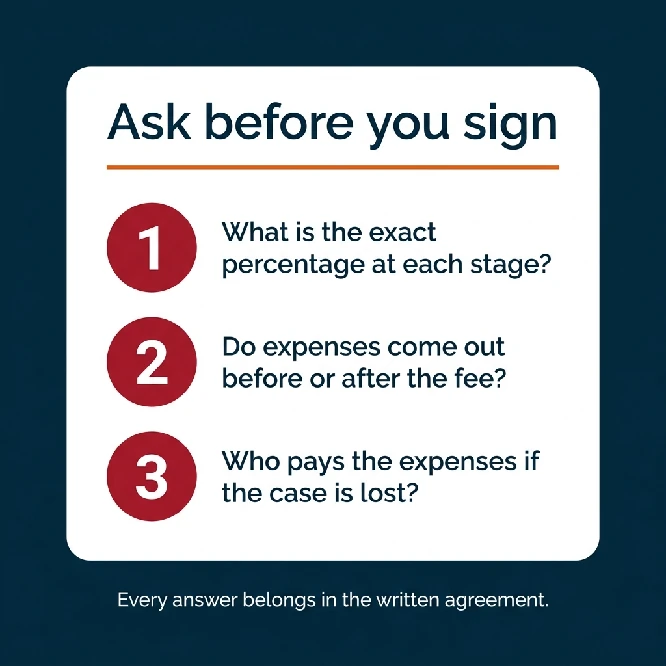 Three questions to ask before you sign: what is the exact percentage at each stage, do expenses come out before or after the fee, and who pays the expenses if the case is lost. Every answer belongs in the written agreement.