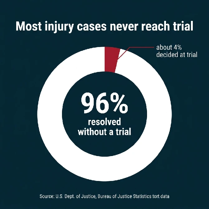 Donut chart showing that 96% of injury cases resolve without a trial and about 4% are decided at trial, based on U.S. Department of Justice, Bureau of Justice Statistics tort data.
