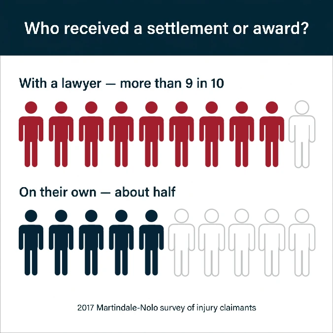 Pictograph comparing settlement rates: more than 9 in 10 claimants with a lawyer received a settlement or award, versus about half of those handling a claim on their own. Source: 2017 Martindale-Nolo survey of injury claimants.