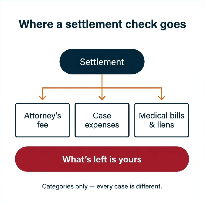 Flow diagram showing a settlement divided into the attorney's fee, case expenses, and medical bills and liens, with what is left going to the client. Categories only — every case is different.